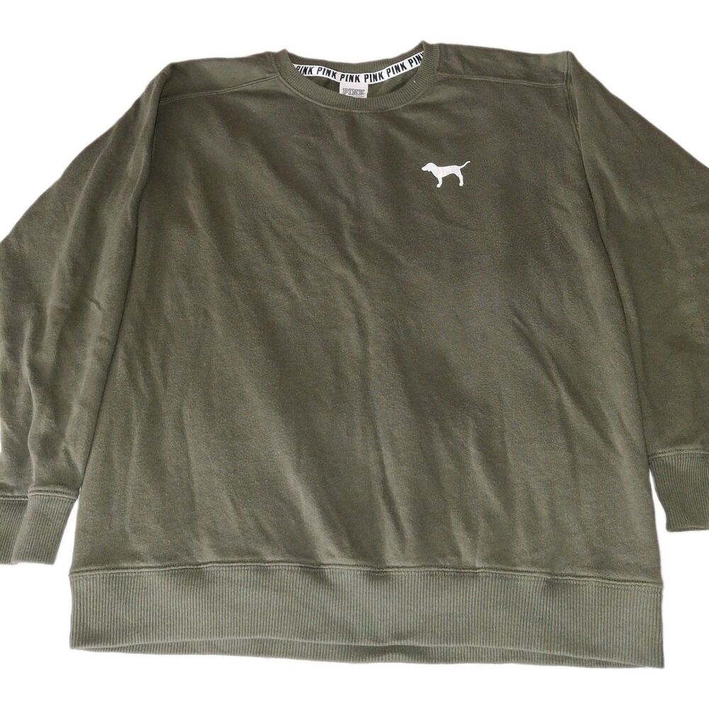 Victorias Secret PINK Sweatshirt Solid Dog Logo Fleece Crewneck Green XS